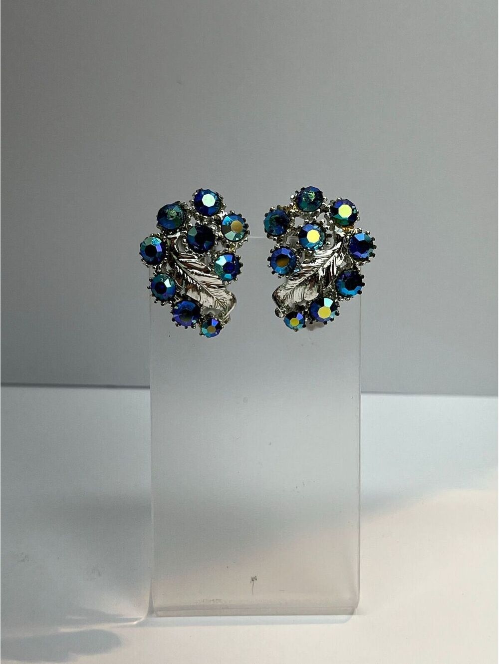 #128 Blue Aurora Borealis Clip On Earrings Grapevine Floral Motif